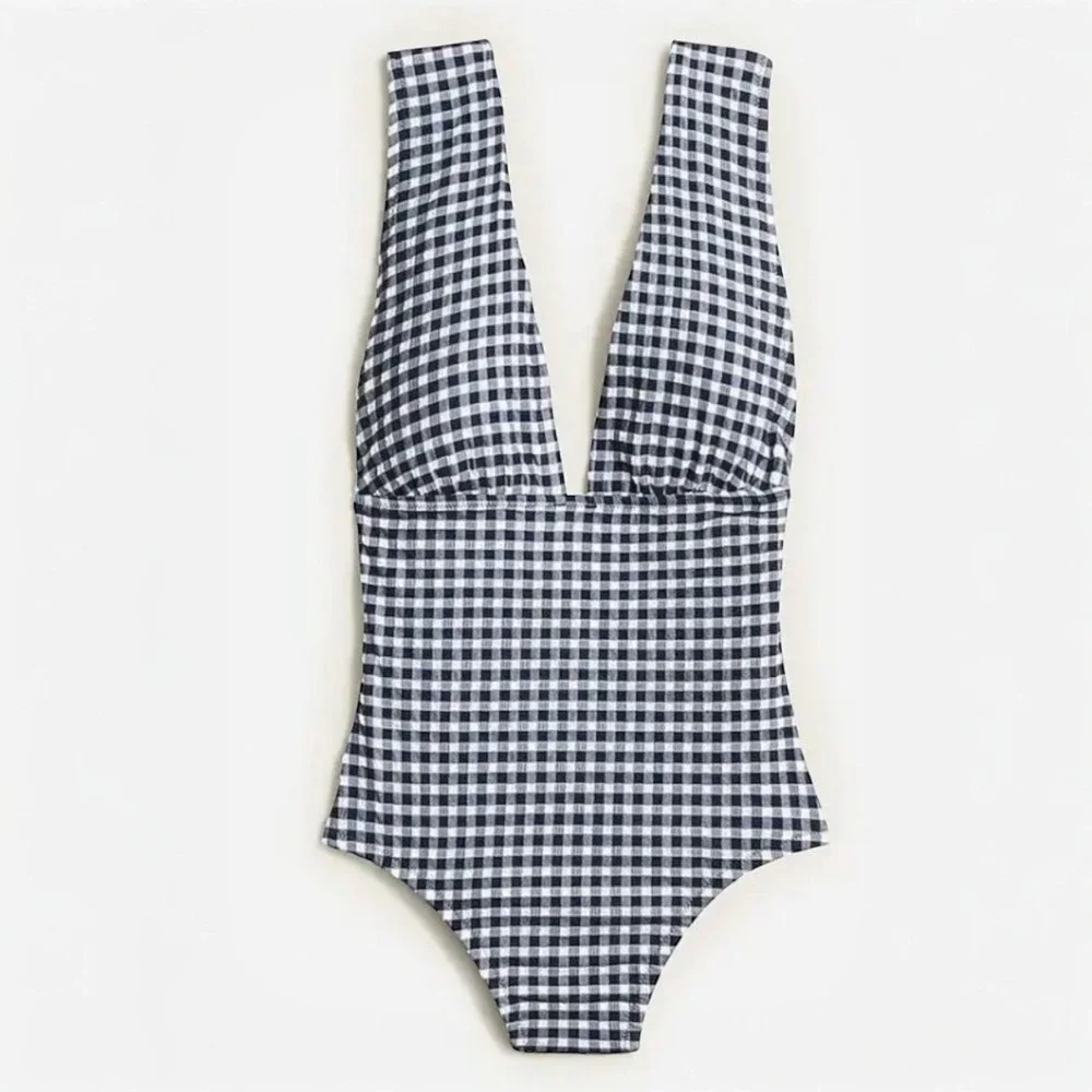 J.Crew Womens V-Neck‎ One-Piece Swimsuit Navy Gingham Size 24 BE747 NWT